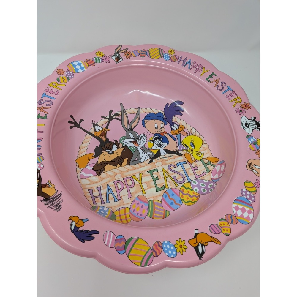 Looney Tunes Easter Scalloped Plastic Candy Bowl Rare 1996 Taz,Bugs, Pepe Le Pew